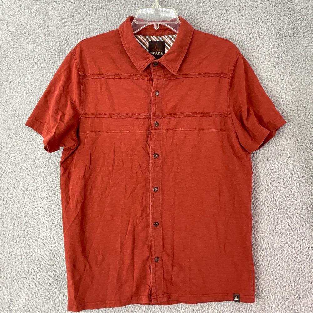 Prana Button Down Shirt Mens Medium Rust Orange Short Sleeve Slub Knit‎ Outdoor